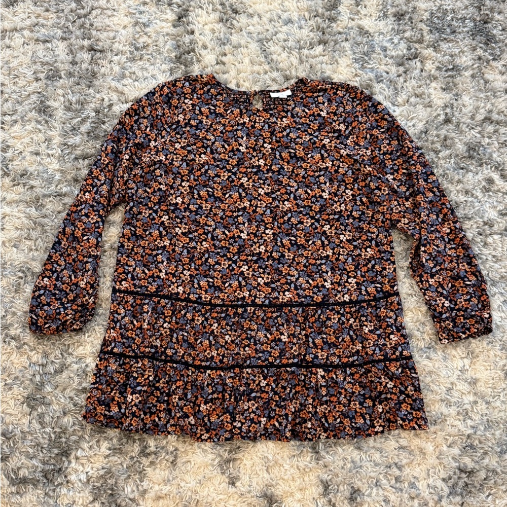 J Jill Women’s Size M Tiered Floral Print Tunic Top Smocked Long Sleeve Boho